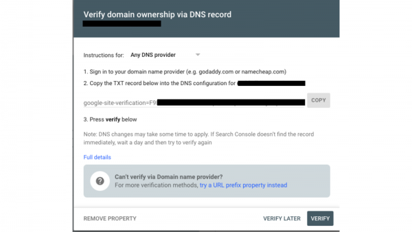 Verify your domain to set up Google Search Console
